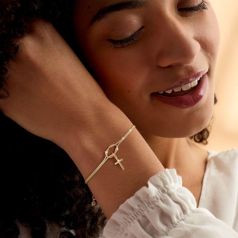 Moodear Valentines Day Gifts for Her, Dainty 925 Sterling Silver/14k Gold Plated CZ Cross Bracelet Layered Snake Pearl Chain Knot Bracelets for Women Trendy Religious Christian Jewelry - Image 3